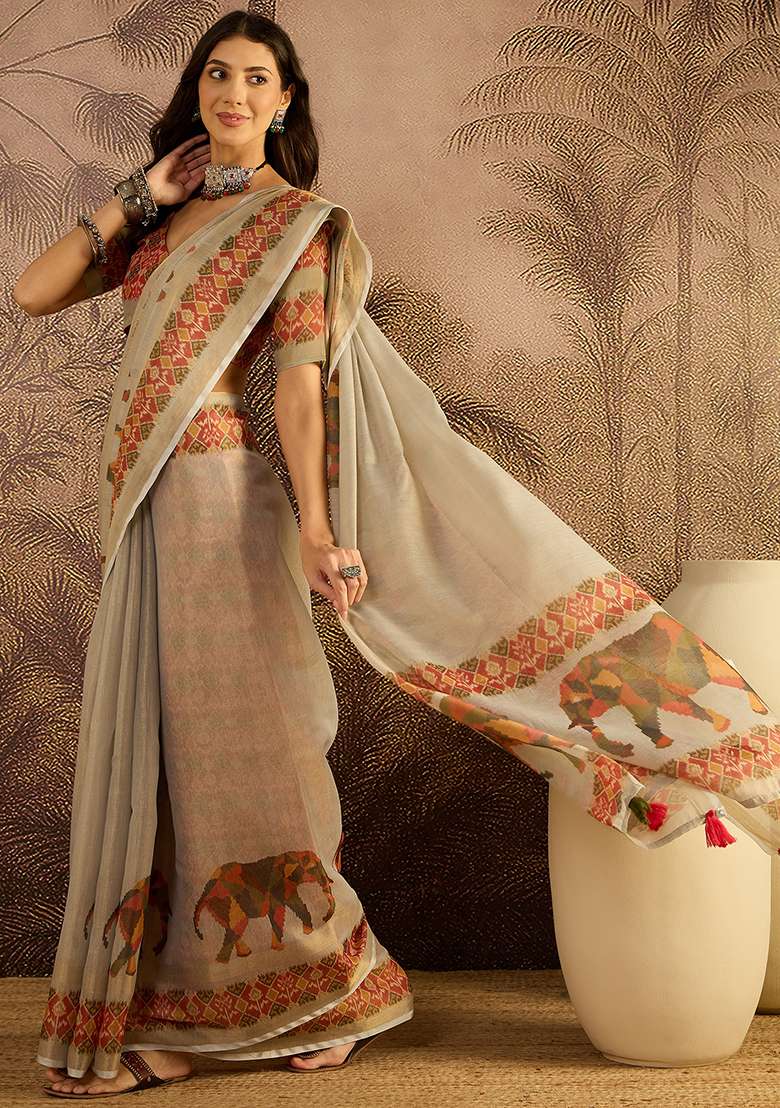 Cream Printed Silk Blend Saree Set - Indya