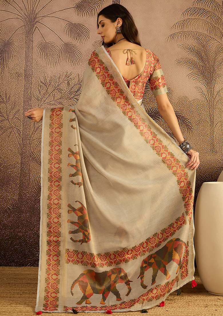 Cream Printed Silk Blend Saree Set - Indya