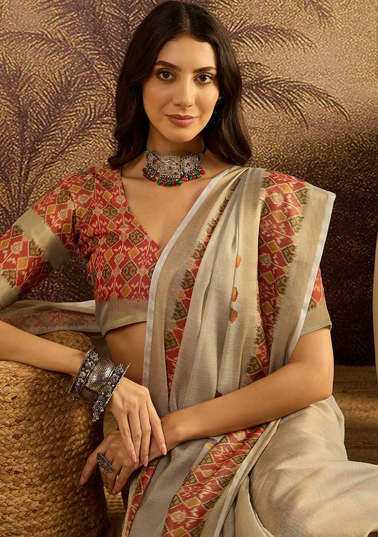 Cream Printed Silk Blend Saree Set - Indya