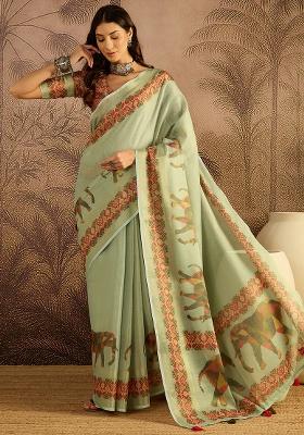 Green Printed Silk Saree Set