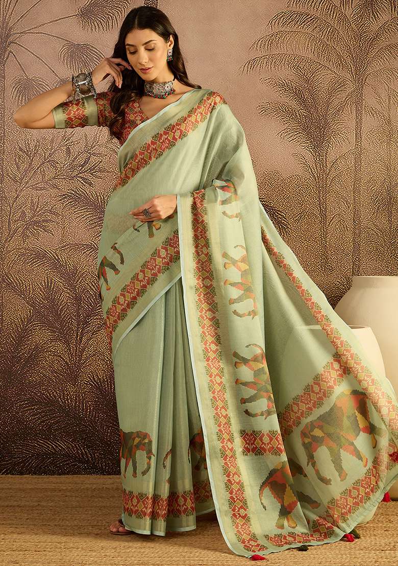 Green Printed Silk Blend Saree Set - Indya