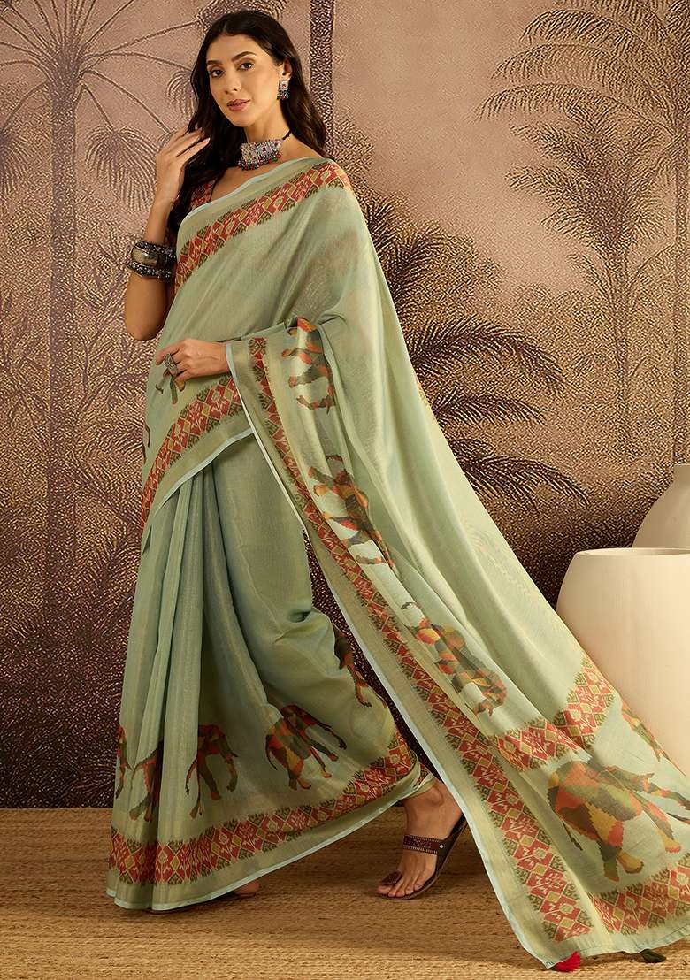 Green Printed Silk Blend Saree Set - Indya