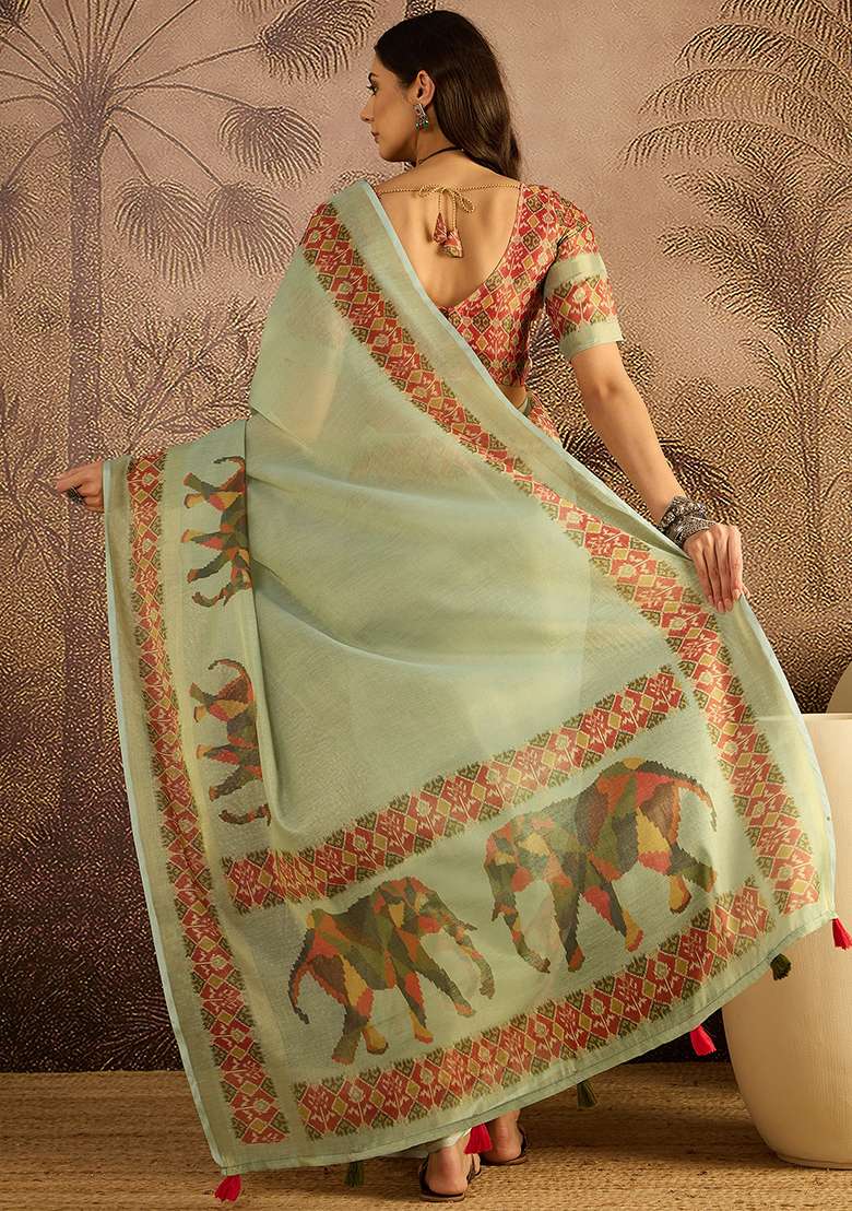 Green Printed Silk Blend Saree Set - Indya