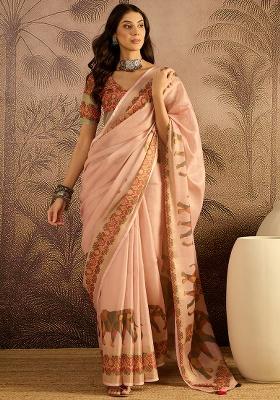 Pink Printed Silk Saree Set