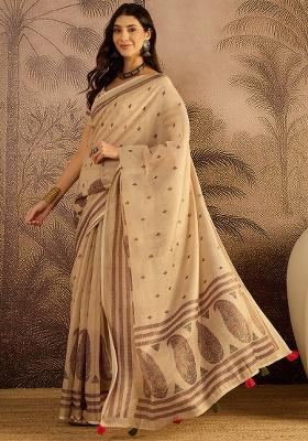 Beige Printed Silk Saree Set