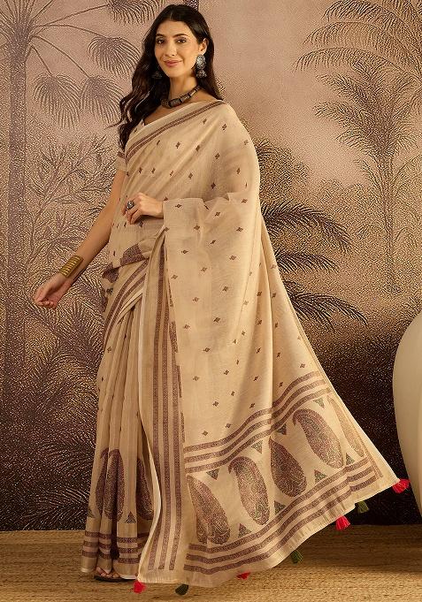 Beige Printed Silk Saree Set