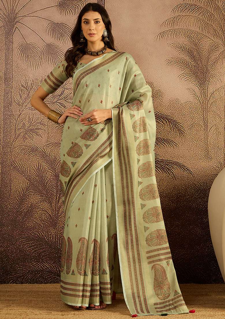 Green Printed Silk Blend Saree Set - Indya