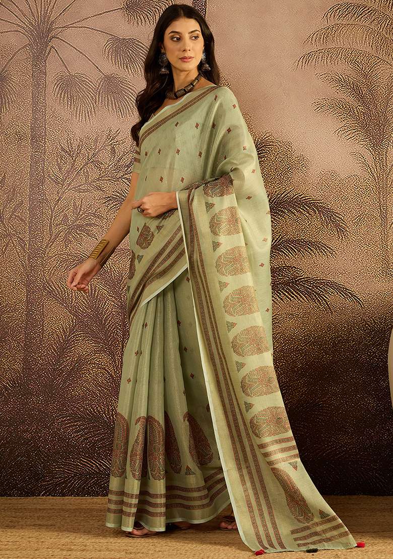 Green Printed Silk Blend Saree Set - Indya