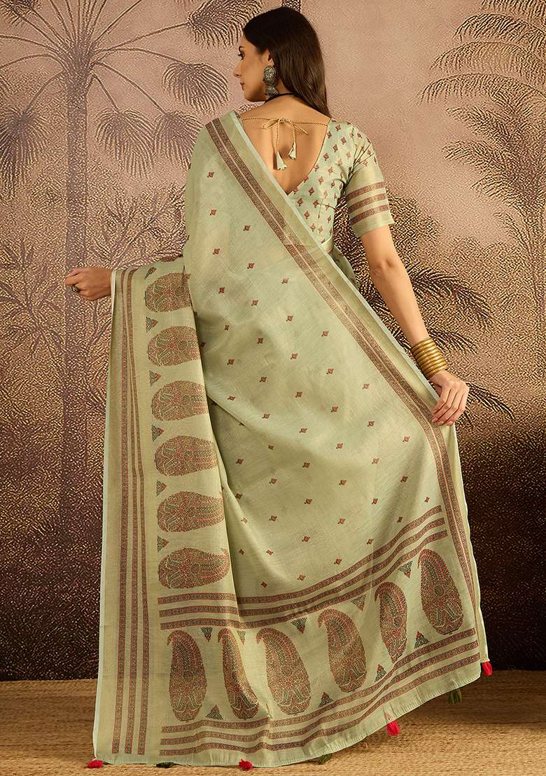 Green Printed Silk Blend Saree Set - Indya
