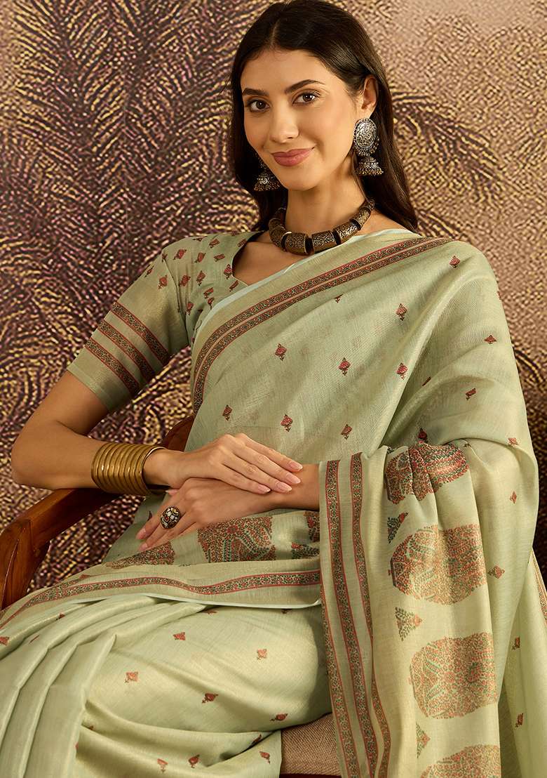 Green Printed Silk Blend Saree Set - Indya