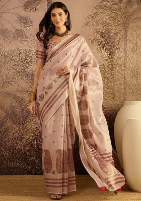 Lilac Printed Silk Blend Saree Set