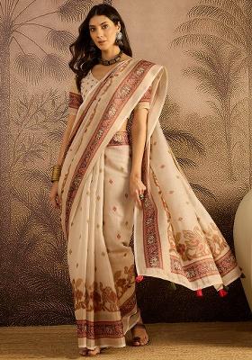 Beige Printed Silk Saree Set