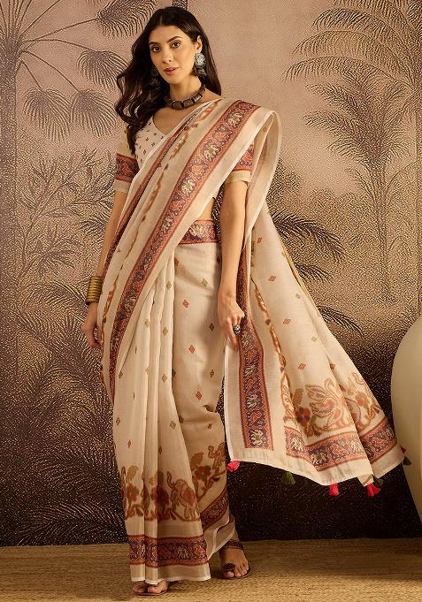Beige Printed Silk Saree Set