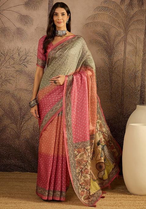Multicolor Bandhni Silk Saree Set