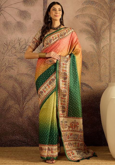 Multicolor Bandhni Silk Saree Set