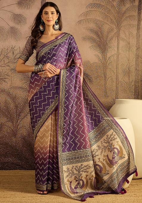 Multicolor Bandhni Silk Saree Set