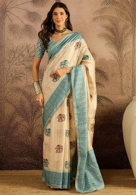 Beige Printed Silk Saree Set