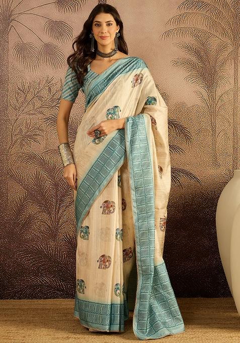 Beige Printed Silk Saree Set