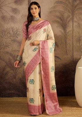 Beige Printed Silk Saree Set