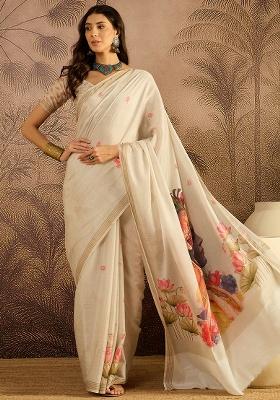 Cream Printed Cotton Saree Set