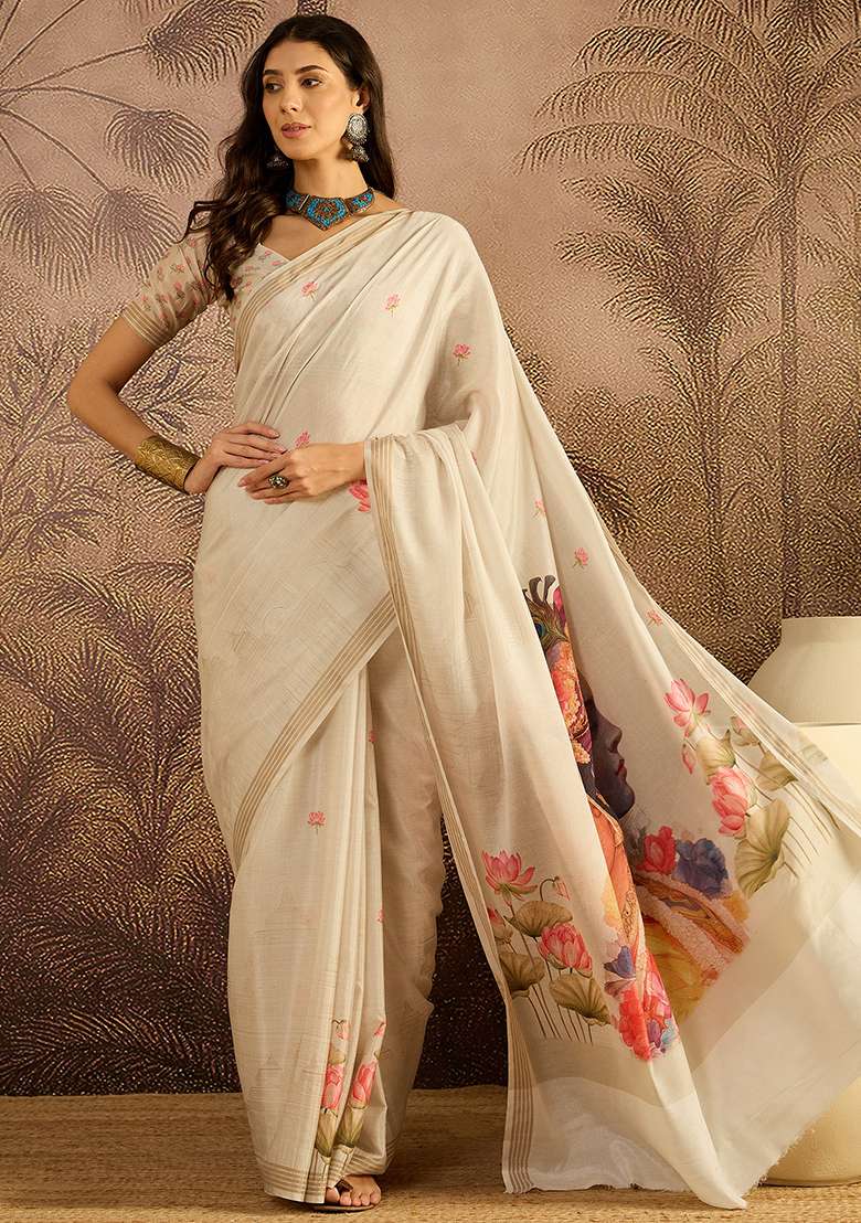 Cream Printed Cotton Saree Set - Indya