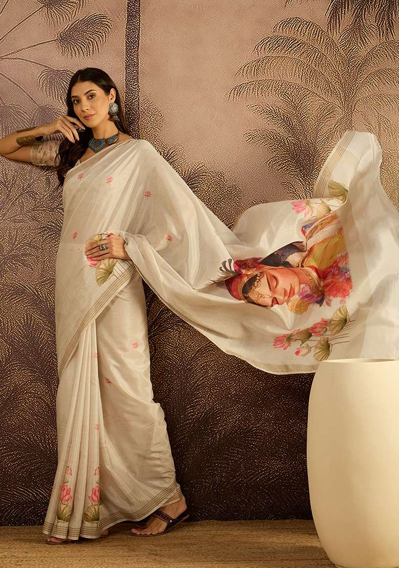 Cream Printed Cotton Saree Set - Indya