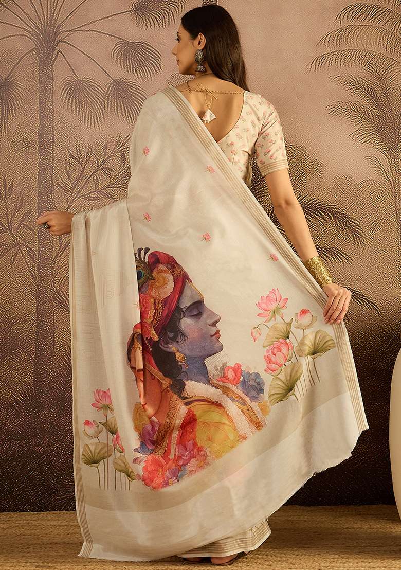 Cream Printed Cotton Saree Set - Indya