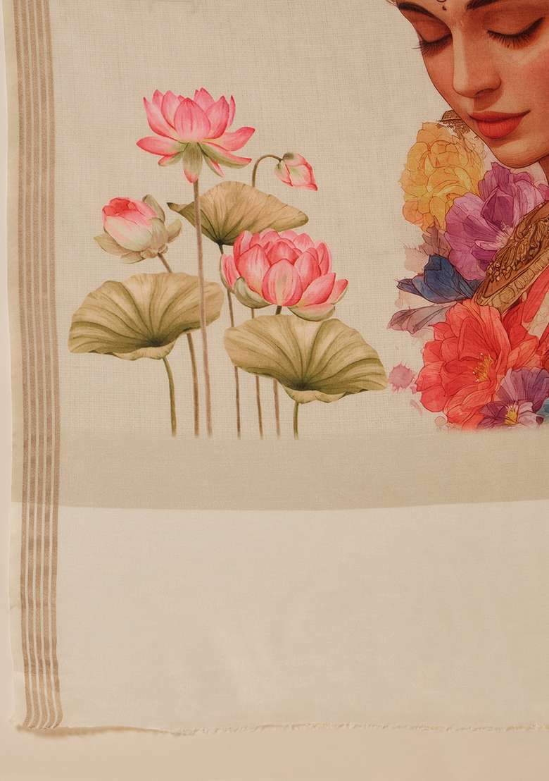 Cream Printed Cotton Saree Set - Indya