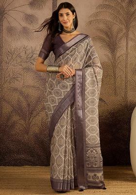 Purple Printed Linen Saree Set