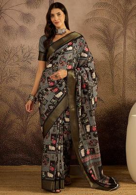 Black Printed Silk Saree Set