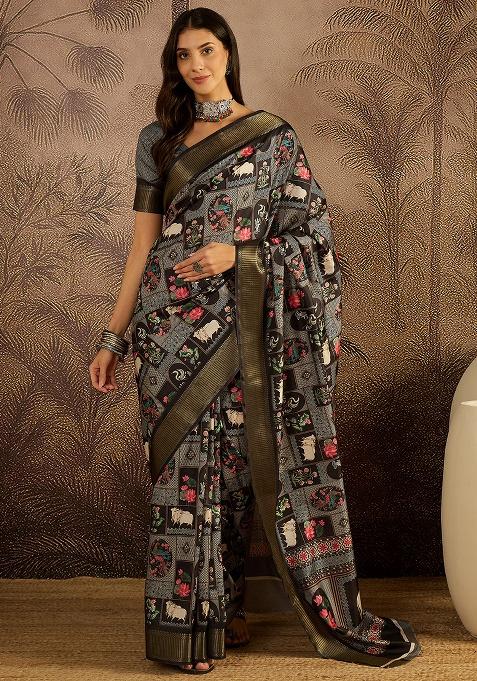 Black Printed Silk Saree Set