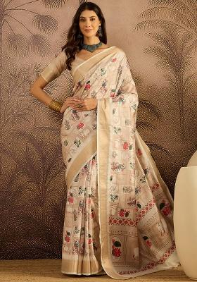 Cream Printed Silk Saree Set