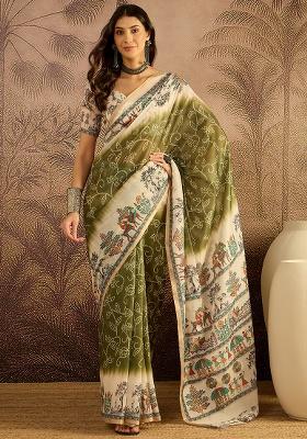 Olive Printed Cotton Saree Set