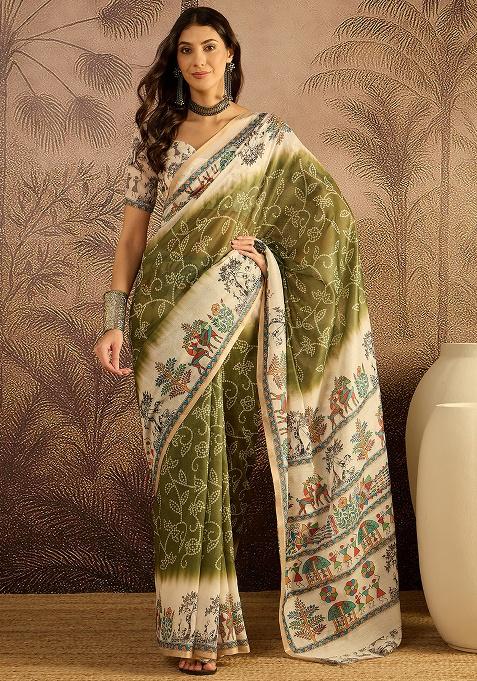 Olive Printed Cotton Saree Set