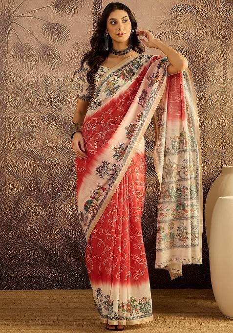 Red Printed Cotton Saree Set