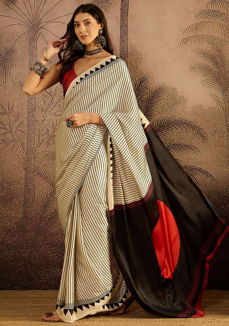 Off White Printed Satin Saree Set - Indya