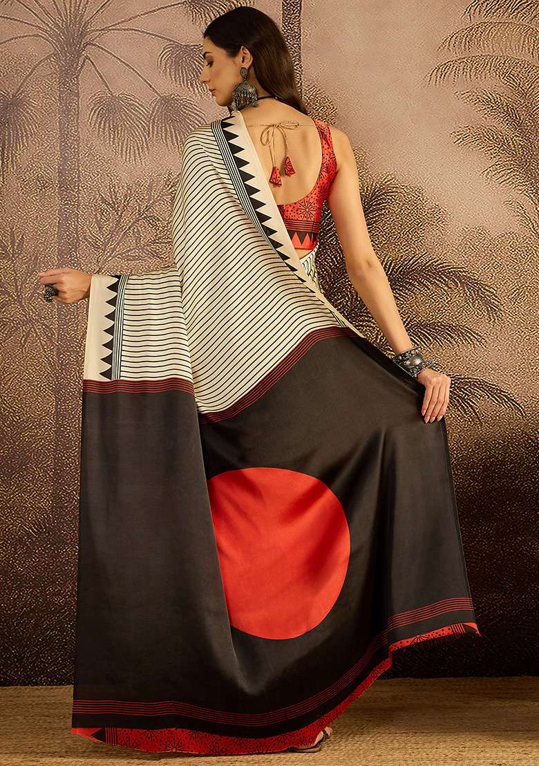 Off White Printed Satin Saree Set - Indya