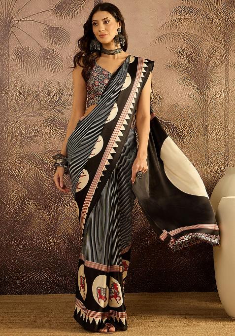 Black Printed Satin Saree Set