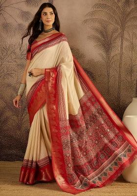 Beige Printed Silk Saree Set