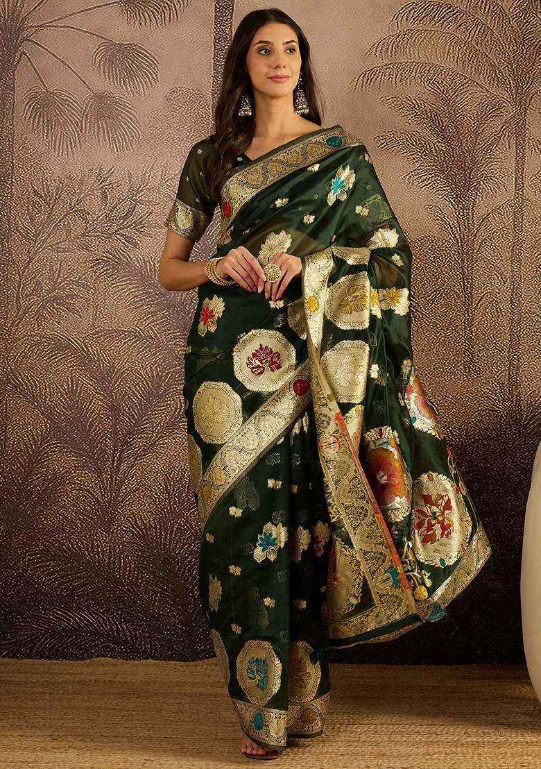 Bottle Green Zari Woven Organza Saree Set for Diwali | Wedding & Festive Wear - Indya