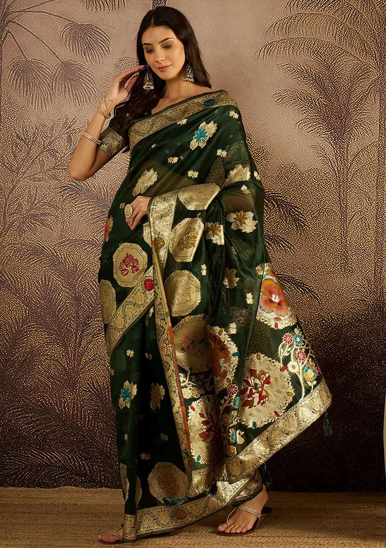 Bottle Green Zari Woven Organza Saree Set for Diwali | Wedding & Festive Wear - Indya