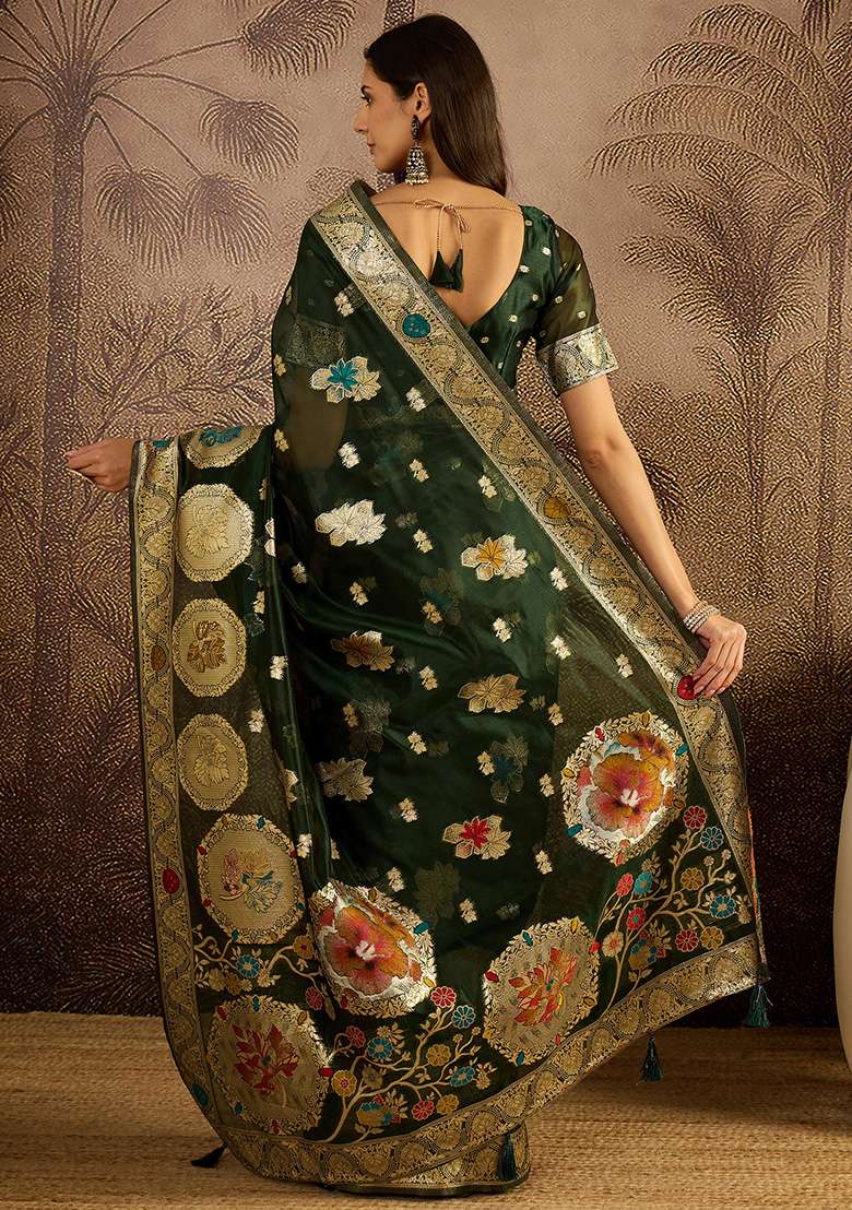 Bottle Green Zari Woven Organza Saree Set for Diwali | Wedding & Festive Wear - Indya