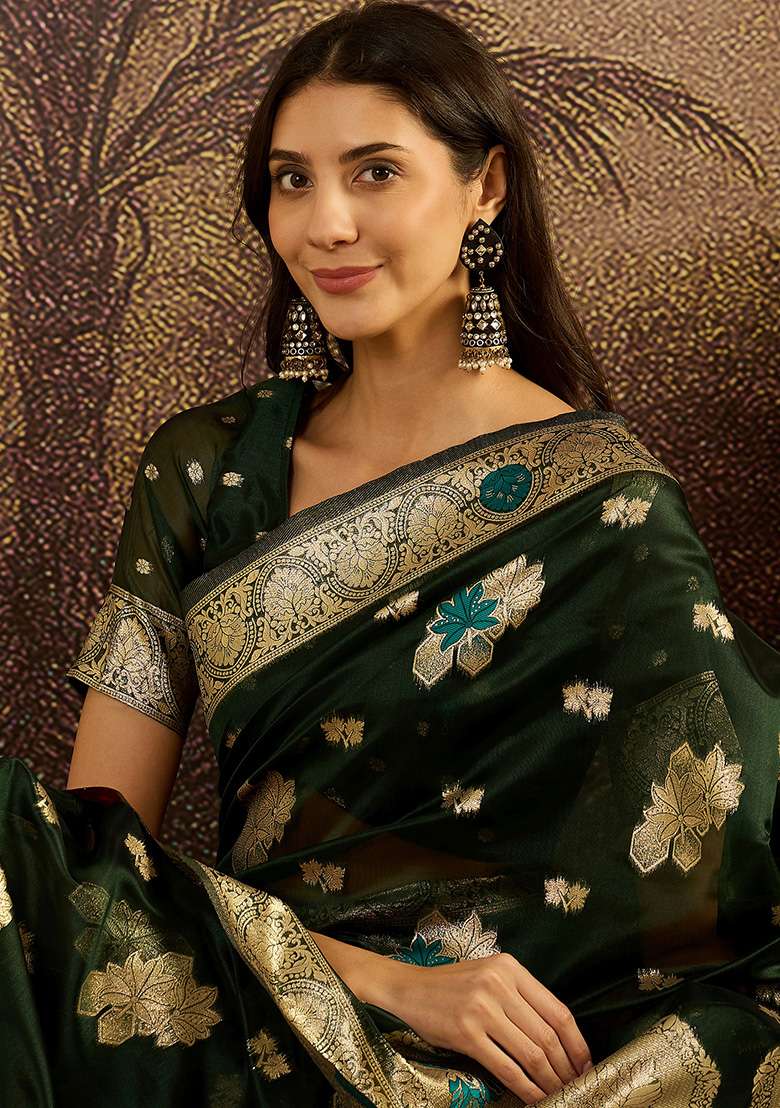 Bottle Green Zari Woven Organza Saree Set for Diwali | Wedding & Festive Wear - Indya