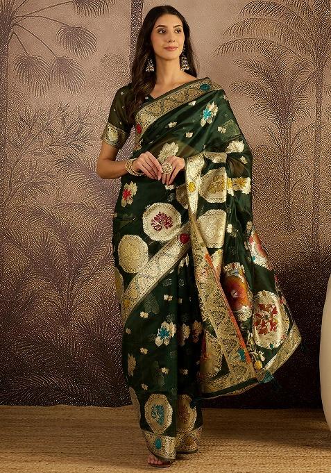 Bottle Green Zari Woven Organza Saree Set