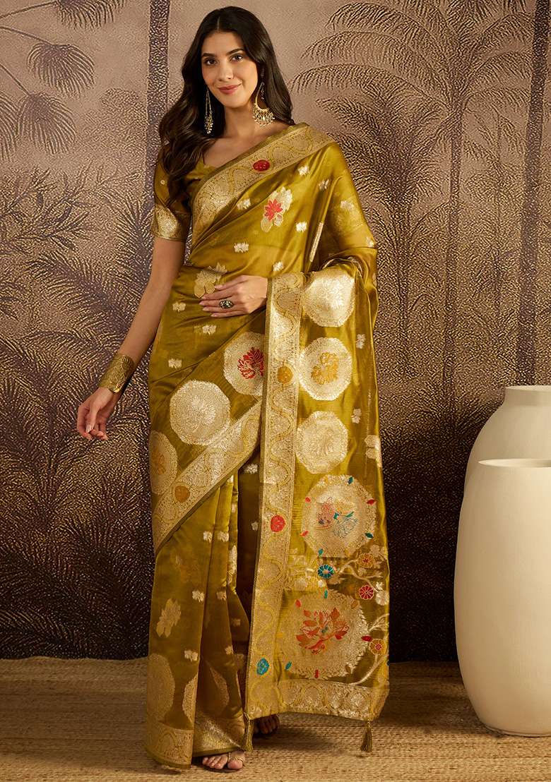 Olive Zari Woven Organza Saree Set for Diwali and Festive Wear - Indya