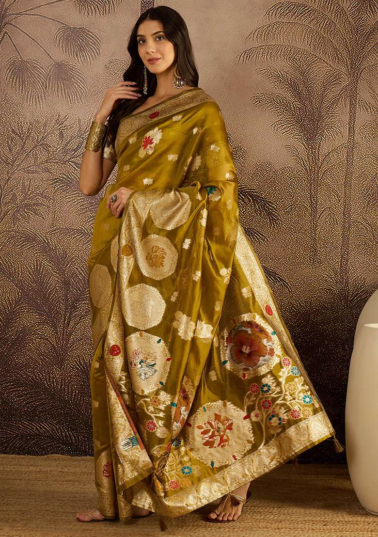 Olive Zari Woven Organza Saree Set for Diwali and Festive Wear - Indya