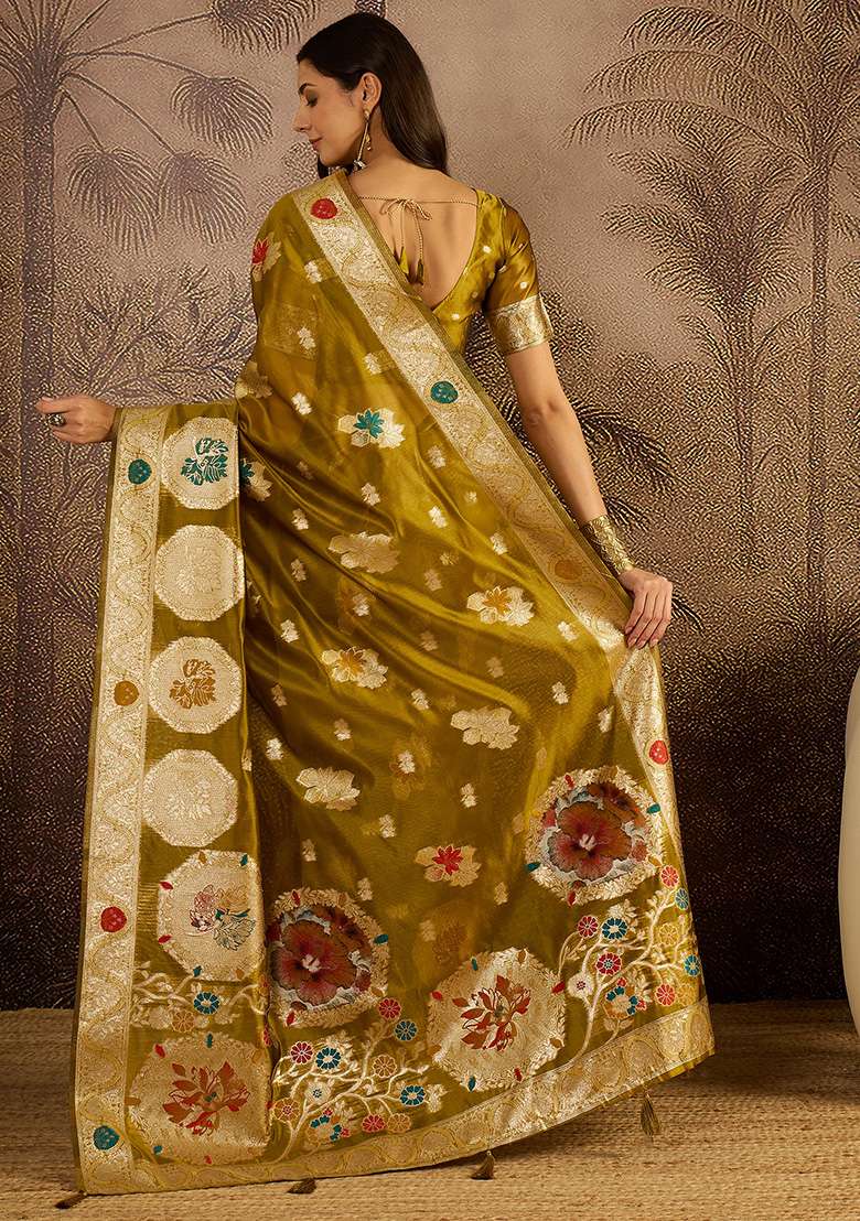 Olive Zari Woven Organza Saree Set for Diwali and Festive Wear - Indya