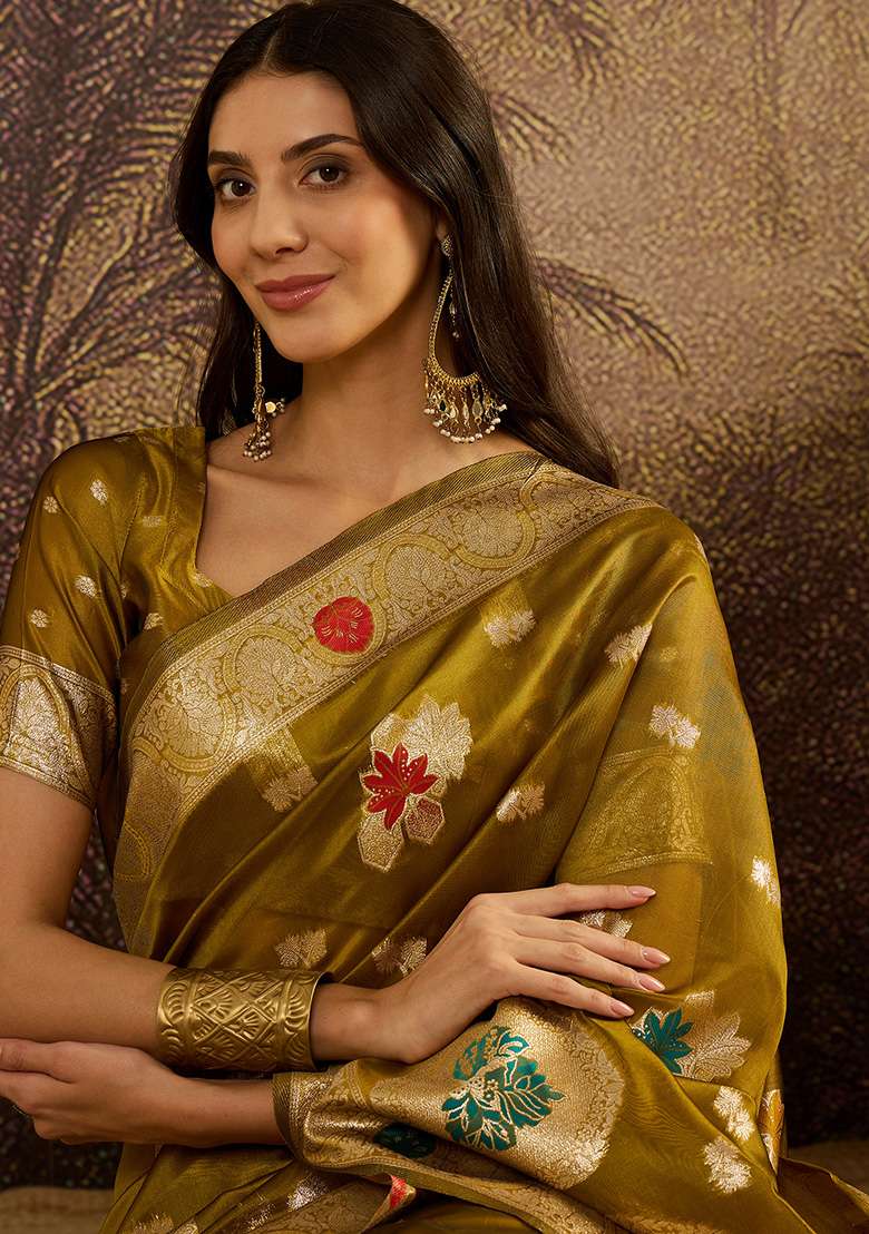 Olive Zari Woven Organza Saree Set for Diwali and Festive Wear - Indya