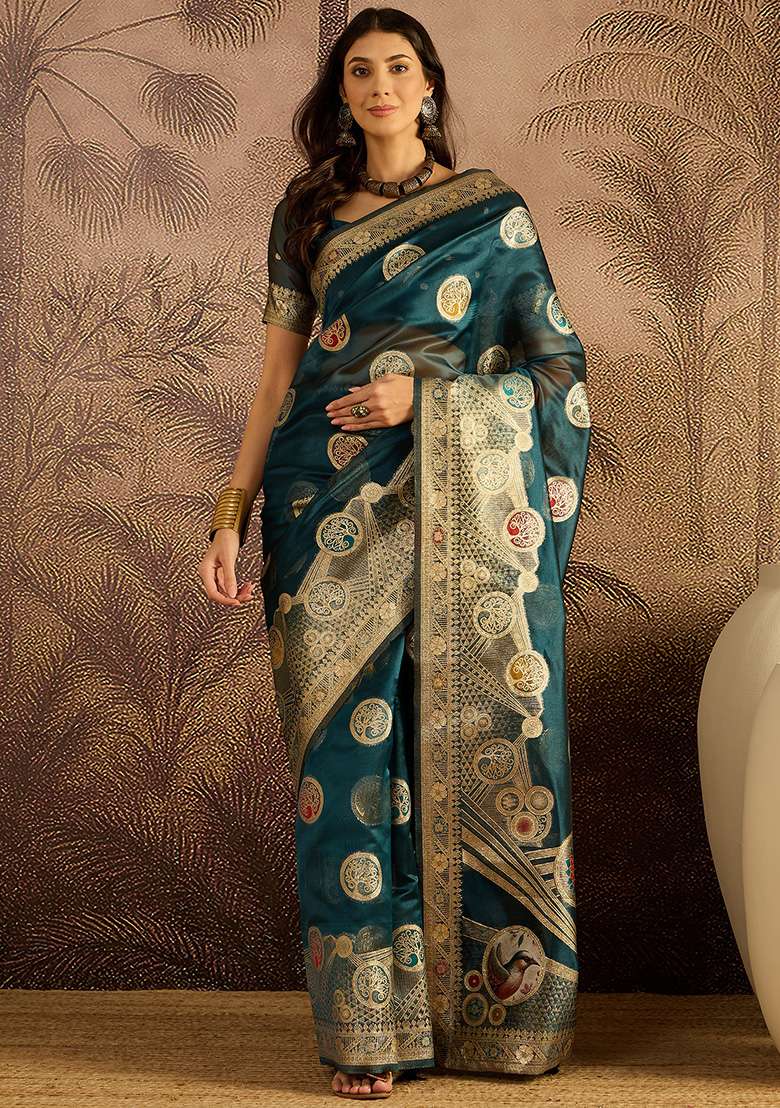 Teal Zari Woven Organza Saree Set for Diwali | Wedding & Festive Wear - Indya