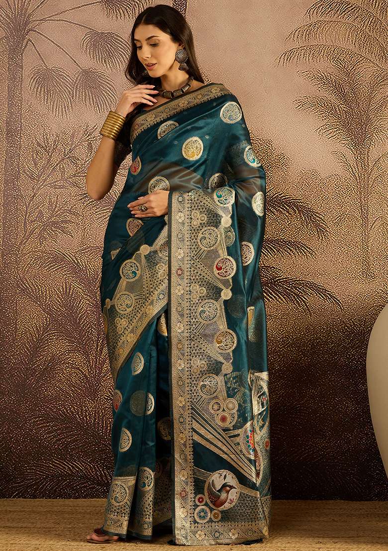 Teal Zari Woven Organza Saree Set for Diwali | Wedding & Festive Wear - Indya